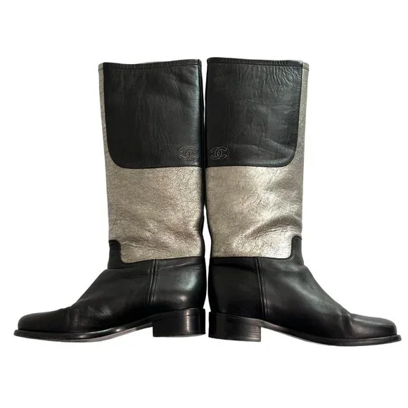Chanel Two-Tone Leather Riding Boots in Black/Silver - Picture 2 of 6